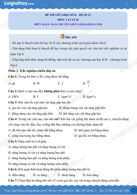Đề thi học kì 2 Vật lí 10 Kết nối tri thức - Đề số 12